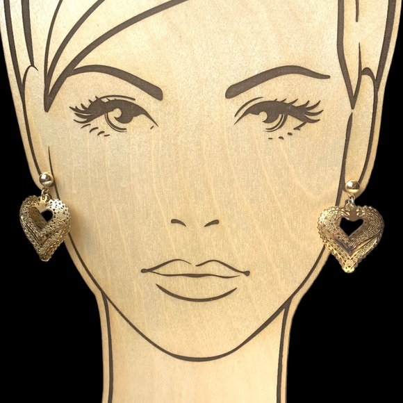 Double Heart Open Filigreed Gold Plated Pierced Earrings Woman’s Jewelry - Picture 2 of 4